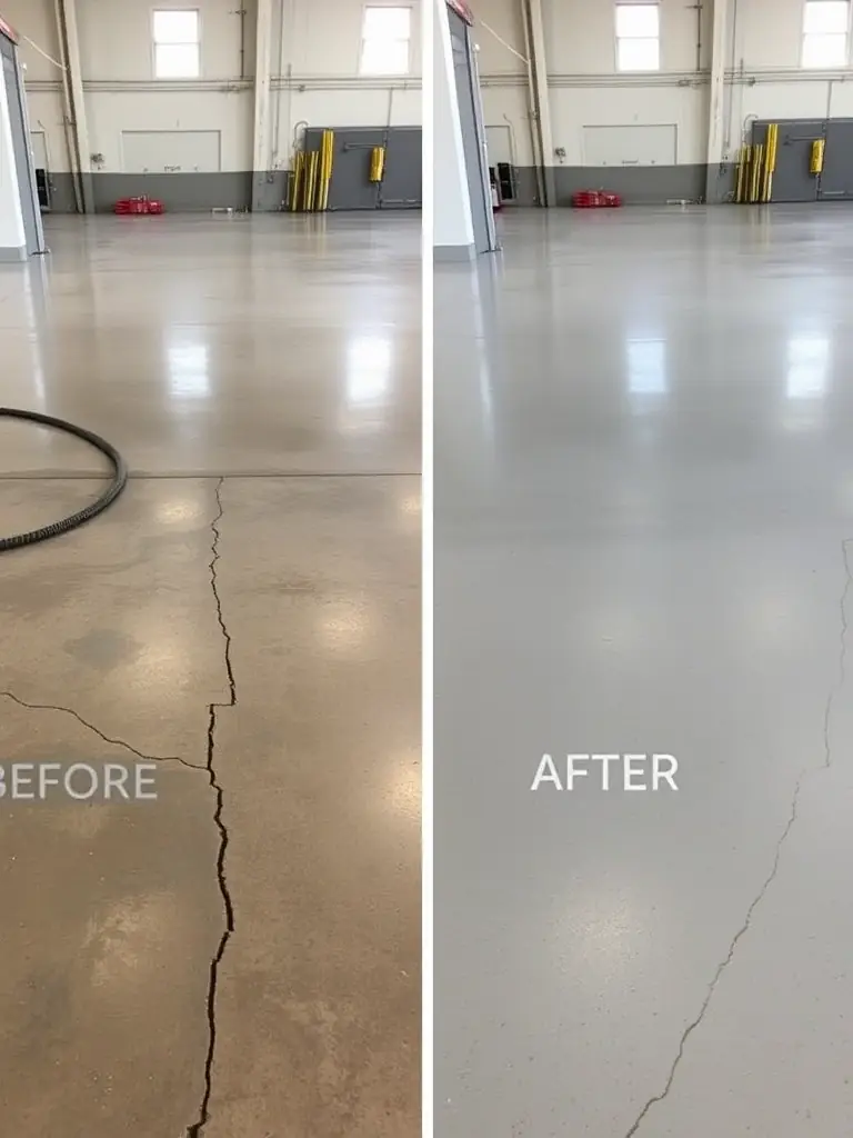 A before-and-after shot of a concrete floor being restored with an overlay, showing the transformation from a worn, cracked surface to a smooth, even finish.