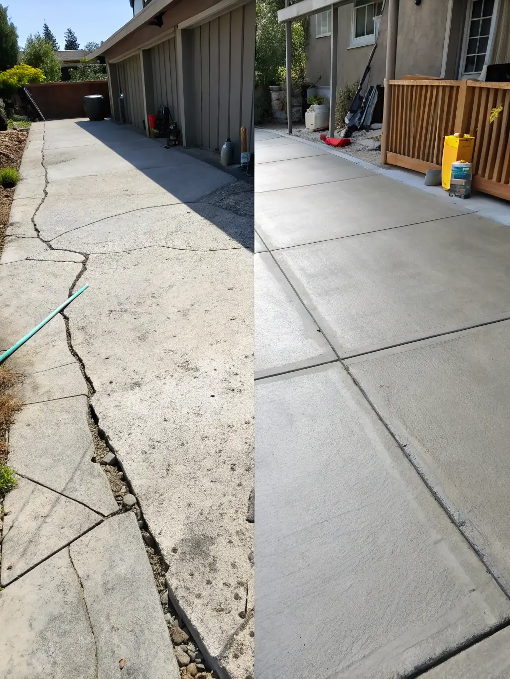 A before-and-after shot of a concrete floor being restored with an overlay, demonstrating the transformative effect and cost-effectiveness of Bruza Concrete Surfaces' overlay service.